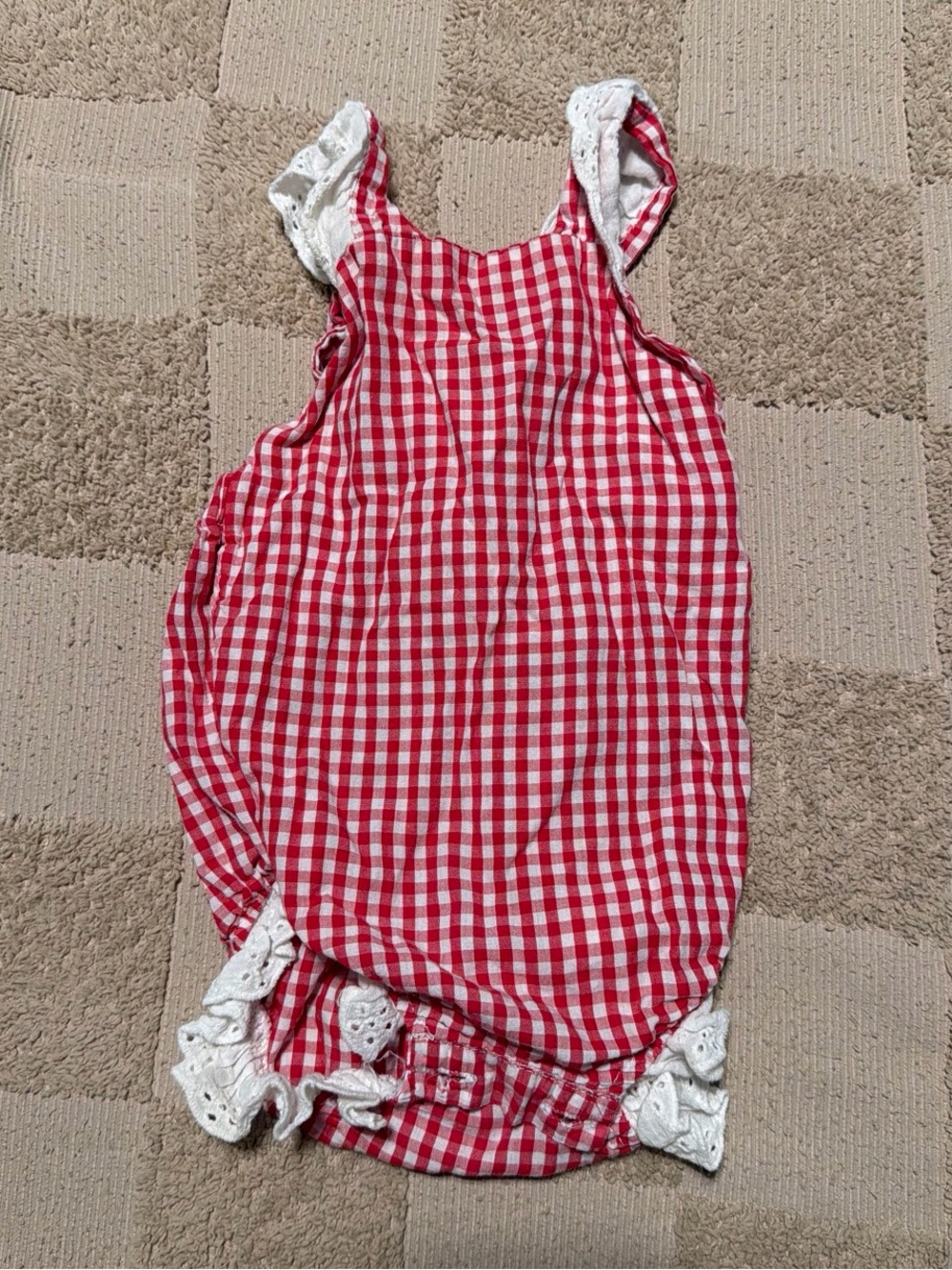 Red Gingham Baby One-Piece Bodysuit with Lace Trim